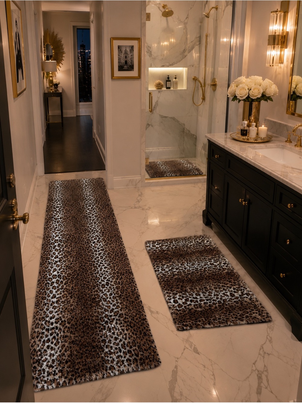 ✨ Plush Faux Fur Leopard Print Rug & Runner Set ✨EUC Smoke Free Easy to Wash